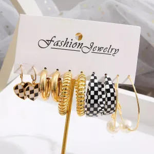 Trendy Black Checkerboard Hoop Earring Set