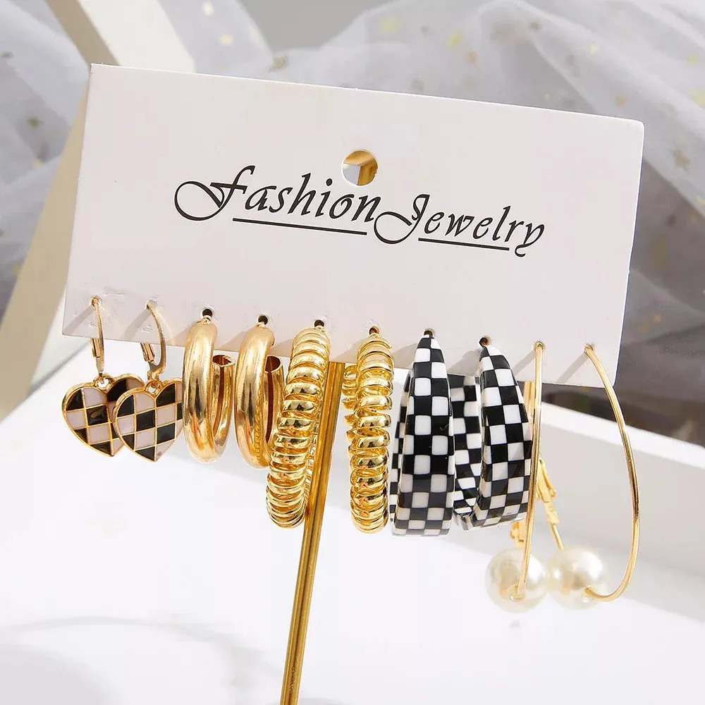 Trendy Black Checkerboard Hoop Earring Set