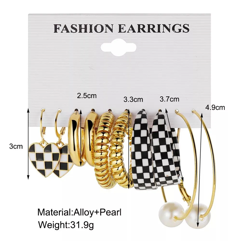 Trendy Black Checkerboard Hoop Earring Set