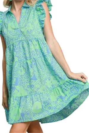 Umgee  Printed Ruffle Cap Sleeve Babydoll Dress