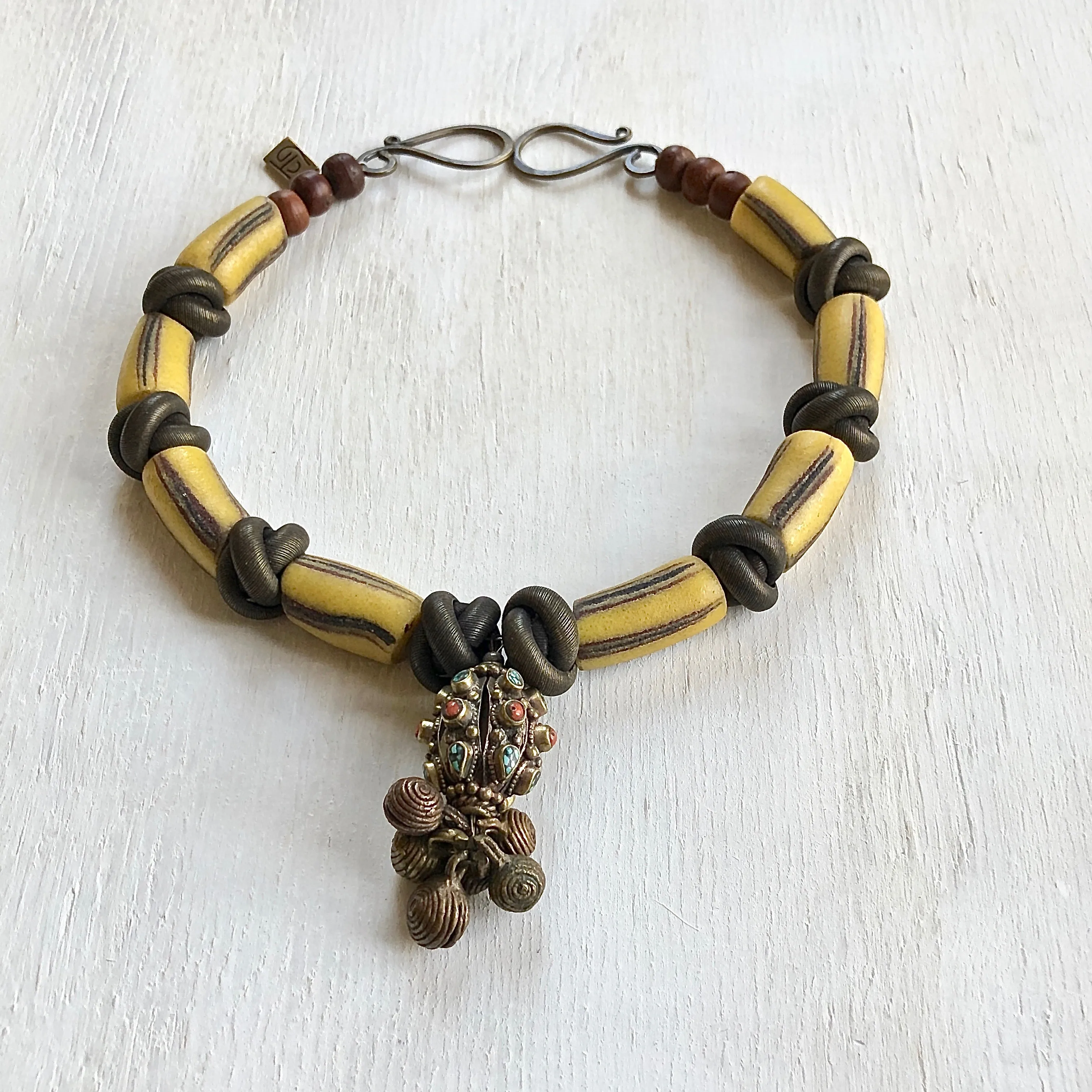 Vintage Nepalese bells center piece African trade beads necklace