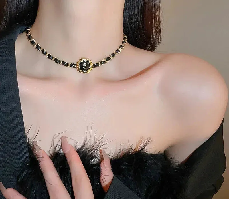 Vintage PU Leather Choker Necklace Earring Jewelry Set Collarbone Chain