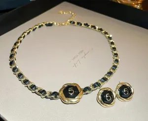 Vintage PU Leather Choker Necklace Earring Jewelry Set Collarbone Chain