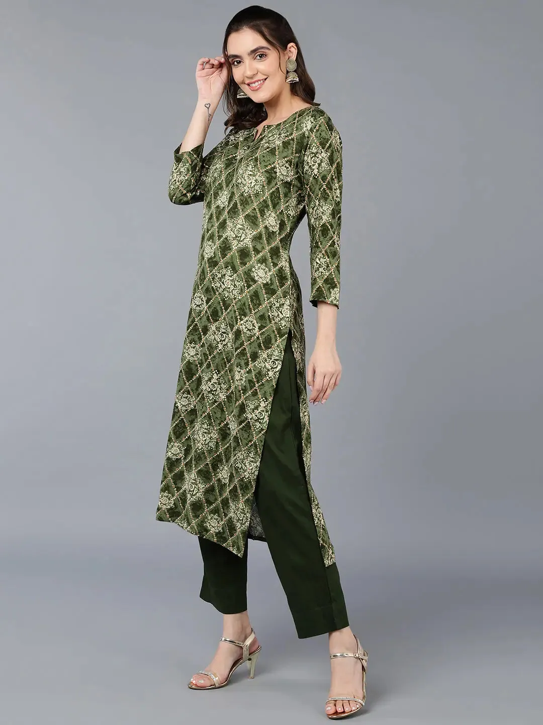 Viscose Rayon Green Printed Straight Kurta-VCK9354