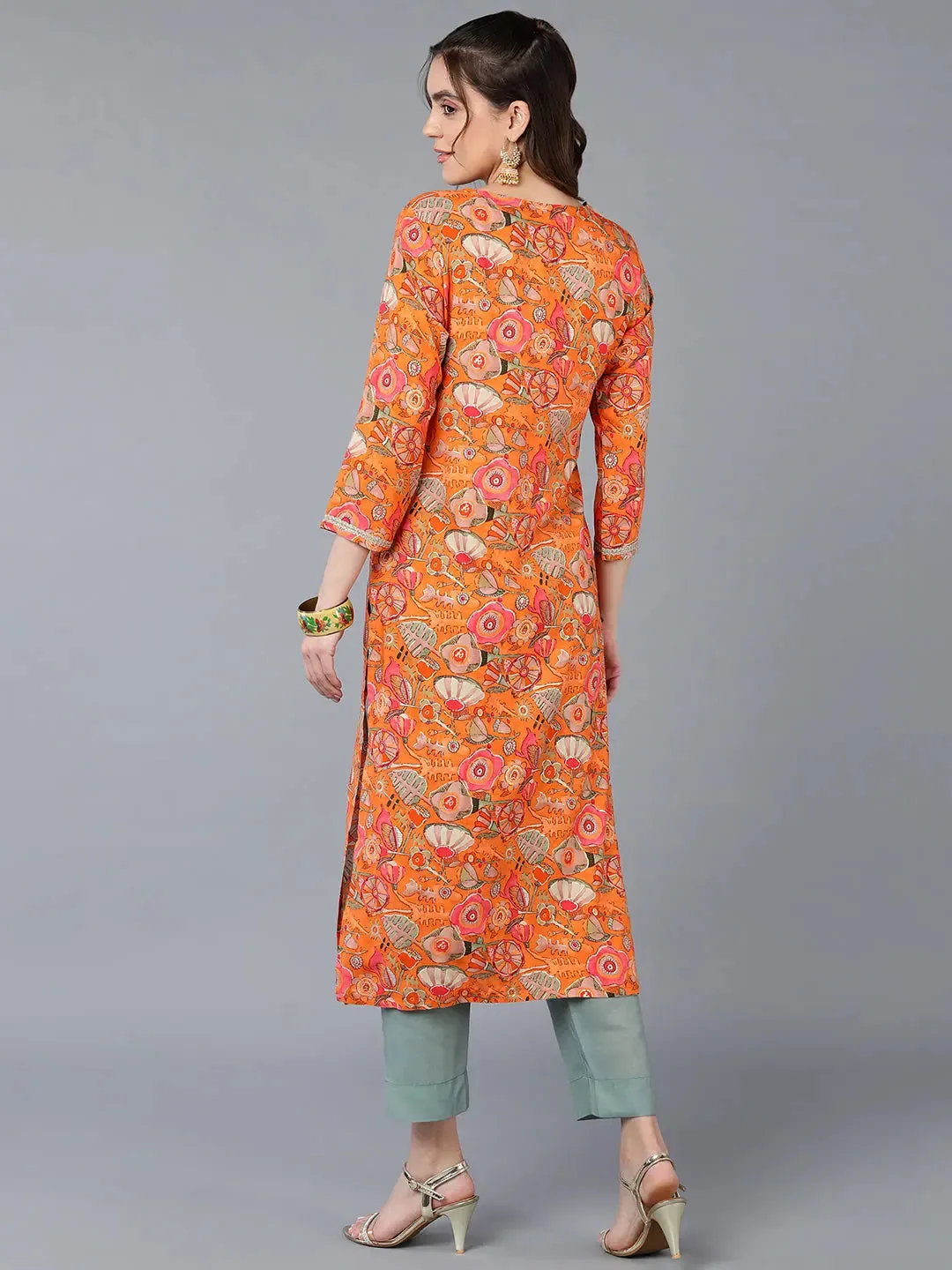 Viscose Rayon Orange Floral Printed Kurta-VCK9334