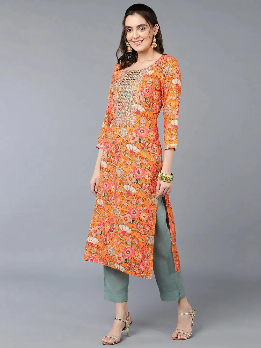 Viscose Rayon Orange Floral Printed Kurta-VCK9334