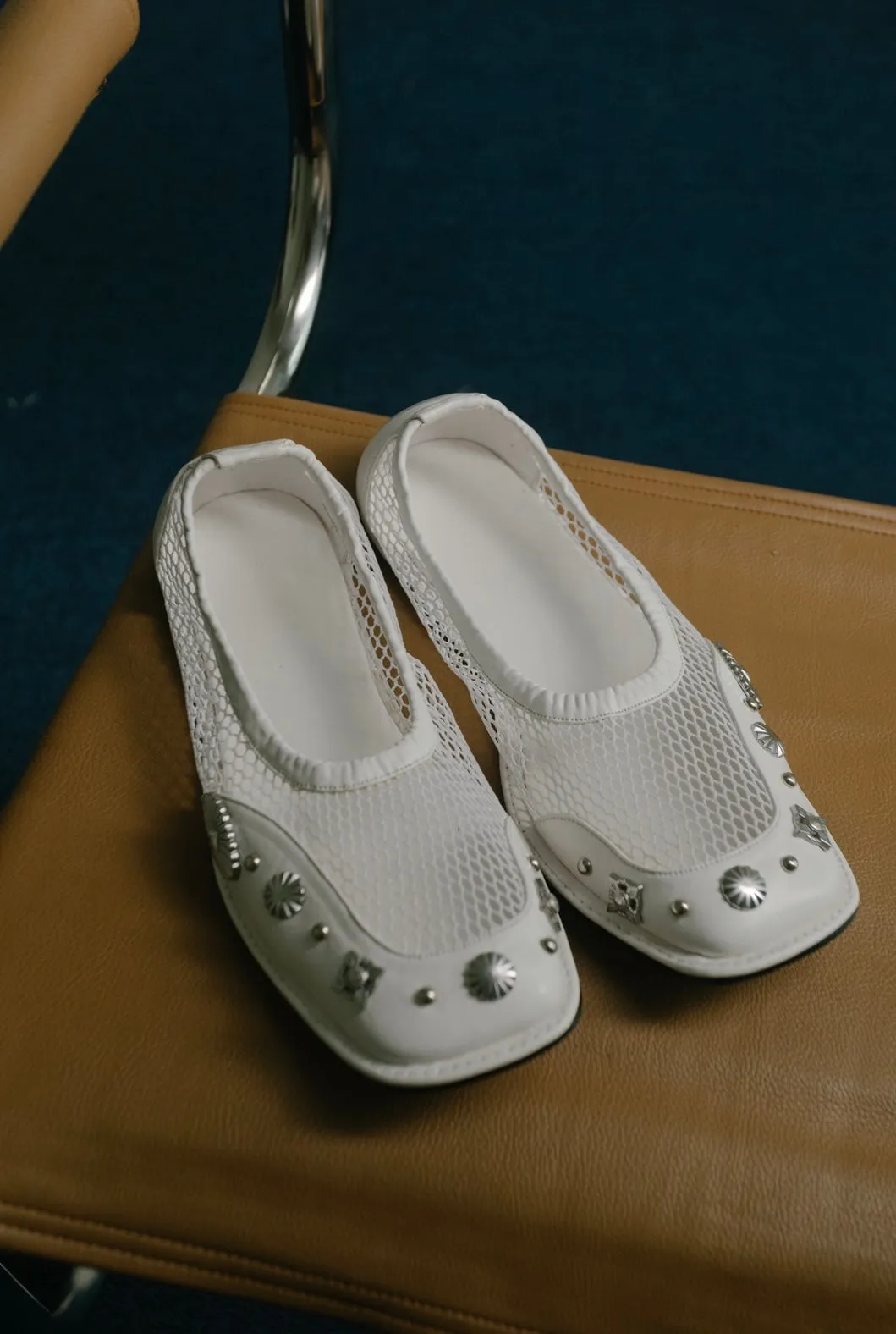 White Studded Fishnet Flats