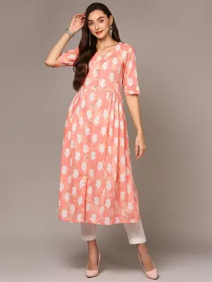 Women Cotton Peach Floral Printed Flared Kurta VCK9317