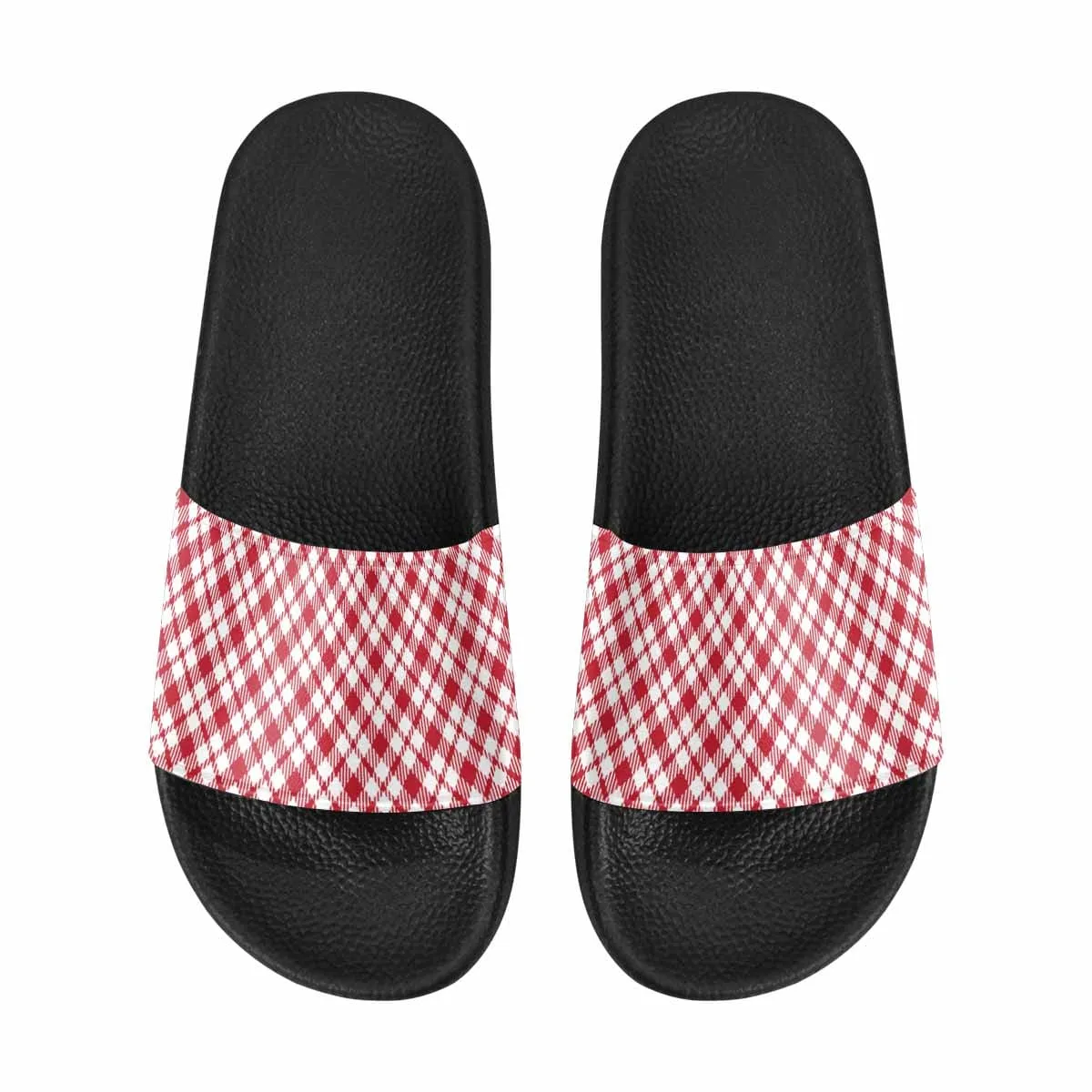 Womens Slide Sandals - Buffalo Plaid Red and White