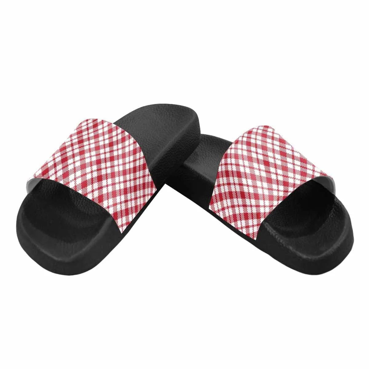 Womens Slide Sandals - Buffalo Plaid Red and White