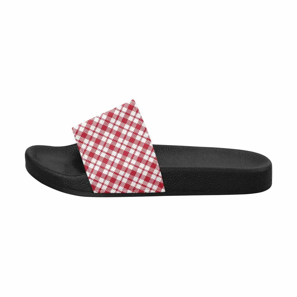 Womens Slide Sandals - Buffalo Plaid Red and White